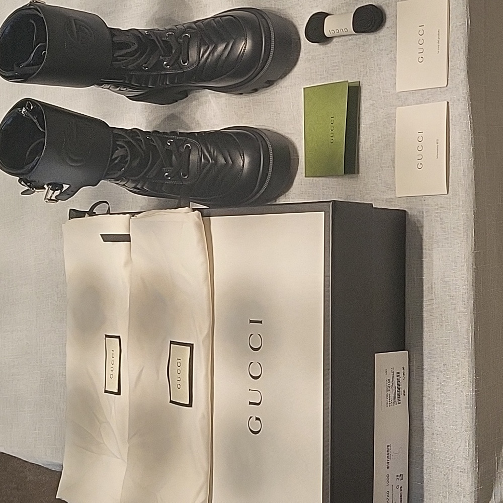 GUCCI Nappa Frances Interlocking GG Black Leather Combat Boots 8 Made in Italy